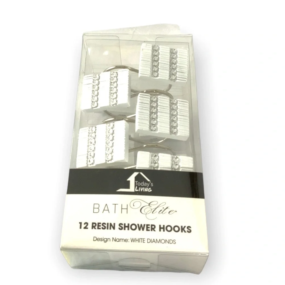 White Diamonds Rhinestone Shower Curtain Hooks Resin White Silver Set of 12